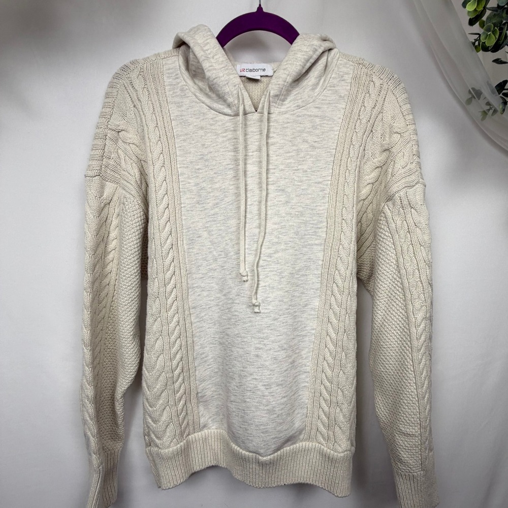 Liz Claiborne Mixed Media Cable Knit Hoodie Cream Beige Pullover Sweater XL